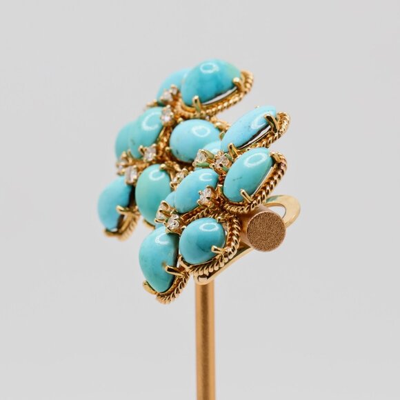 Vintage 18K Gold Family Heirloom Turquoise Diamond Clip On Earrings - Picture 8 of 16